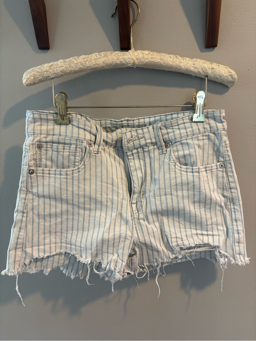 American Eagle Outfitters White and Light Blue Striped Denim Shorts